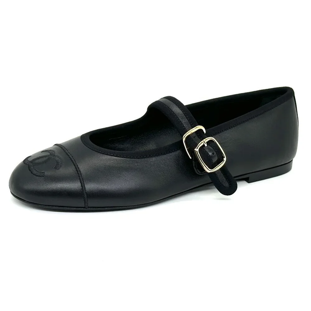 CHANEL REV CC Logo Leather Mary Jane Ankle Strap Flat Ballerina Shoes Black - Picture 3 of 15